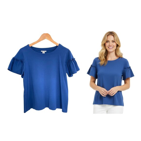 Halogen Shirt Women Medium Royal Blue Ruffle Sleeve Top Stretch HA373824MI - Picture 1 of 12